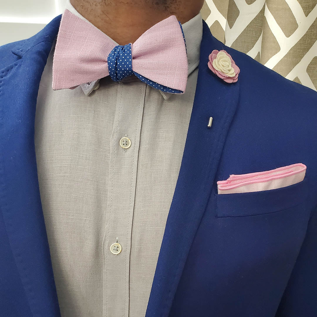 Polka Dot Blue Linen Self Tie Bow Tie