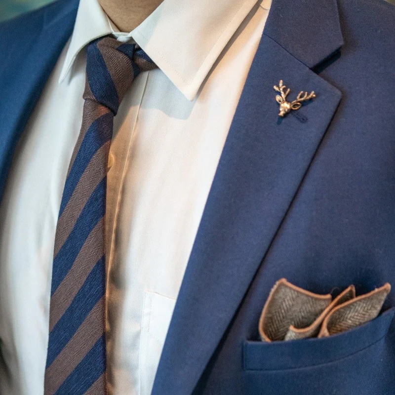 Striped Herringbone Brown Navy Tie Set