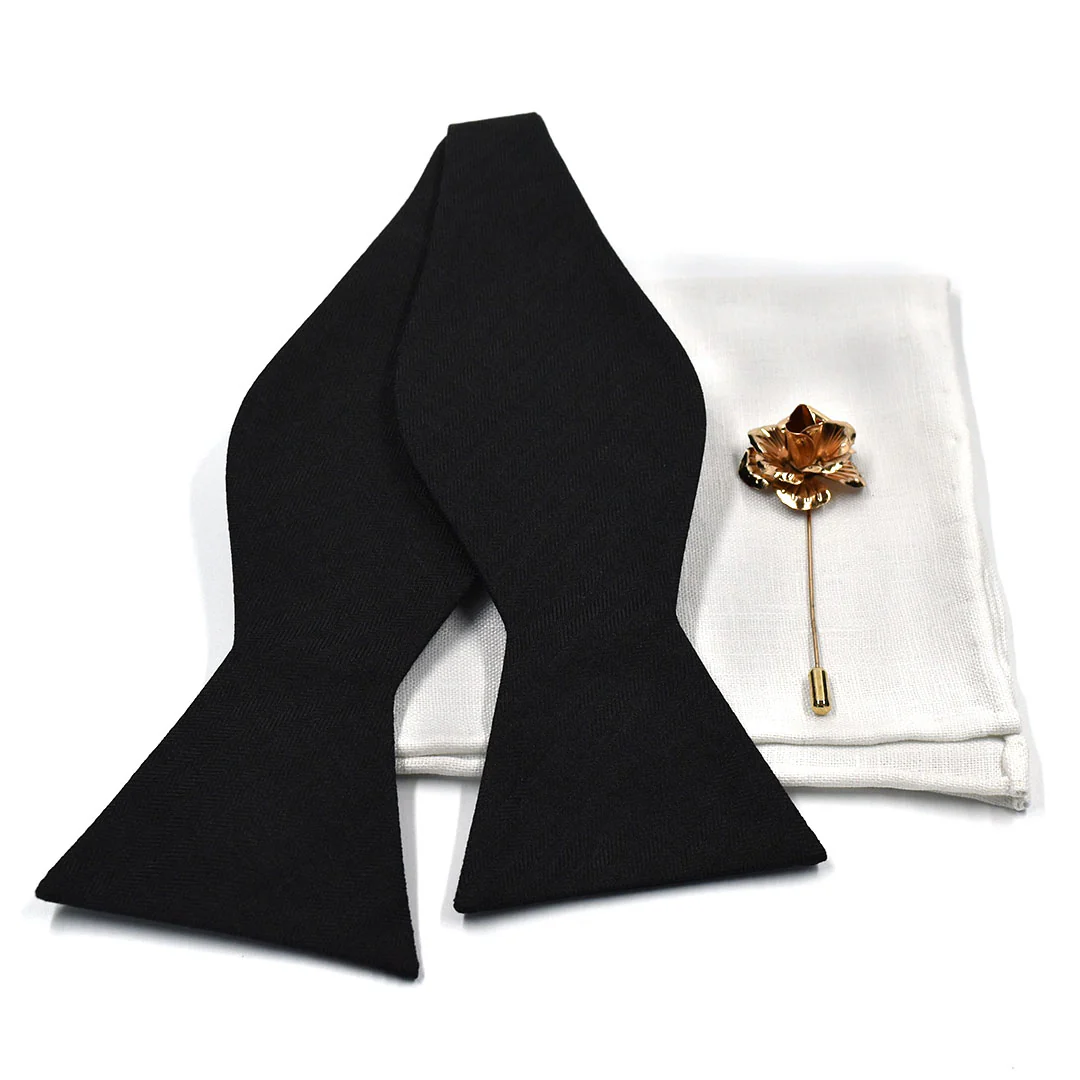 Black Herringbone Wedding Bow Tie Set