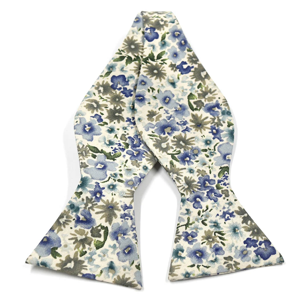 Floral Blue Cream Self Tie Bow Tie