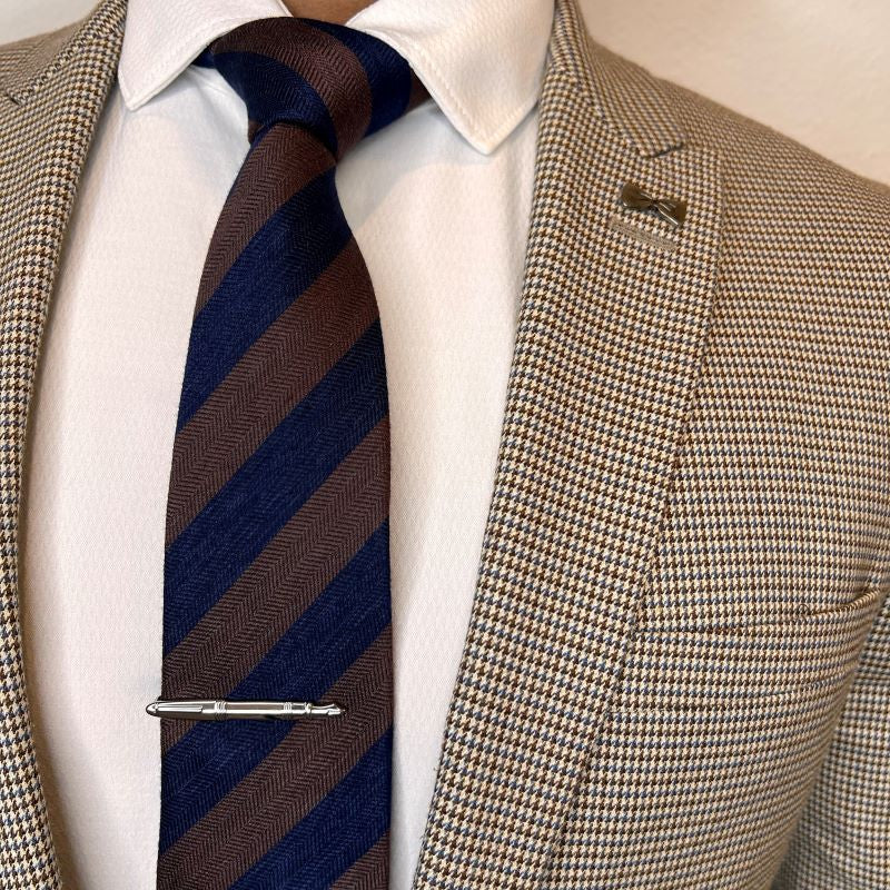Striped Herringbone Brown Navy Tie