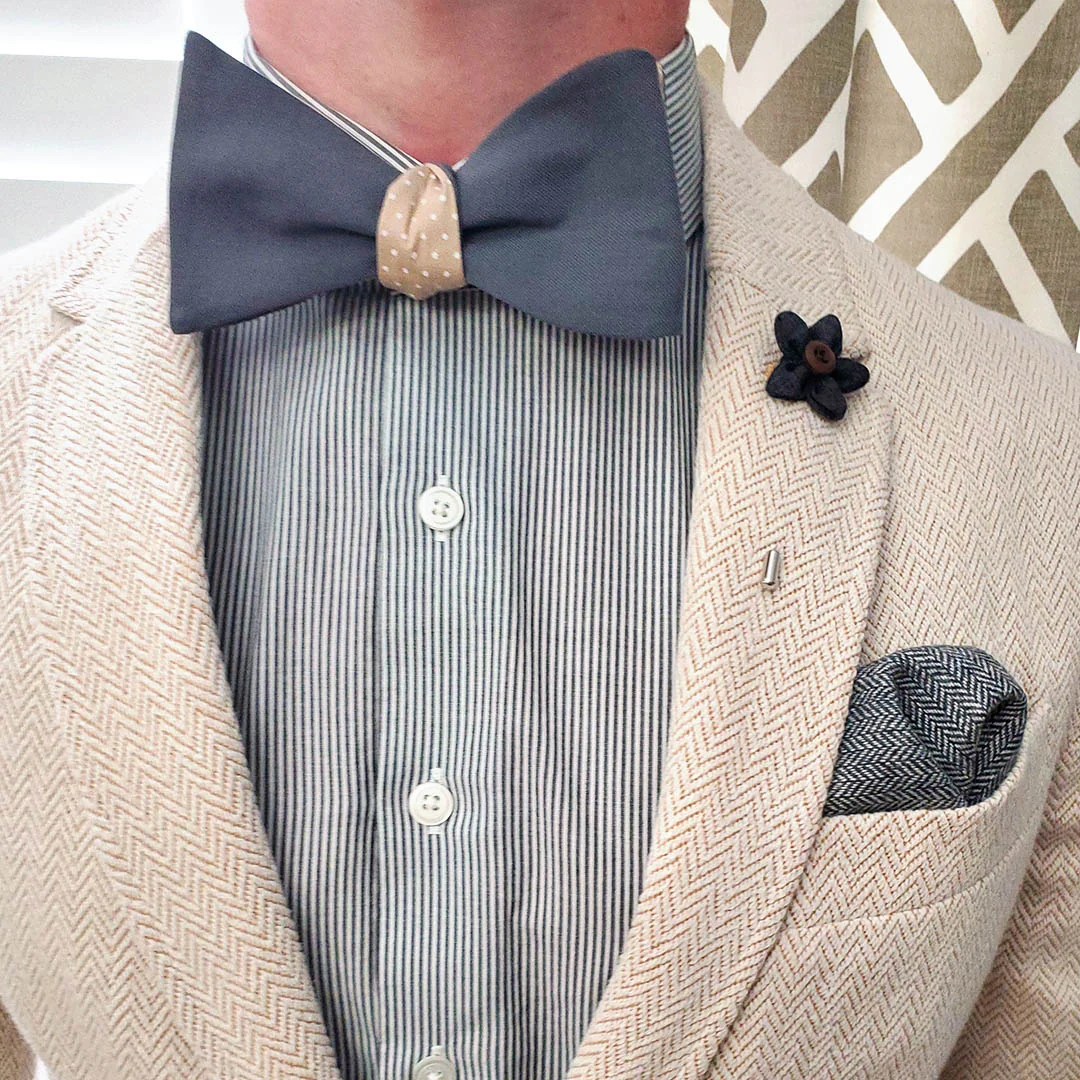 Polka Dot Grey Linen Self Tie Bow Tie