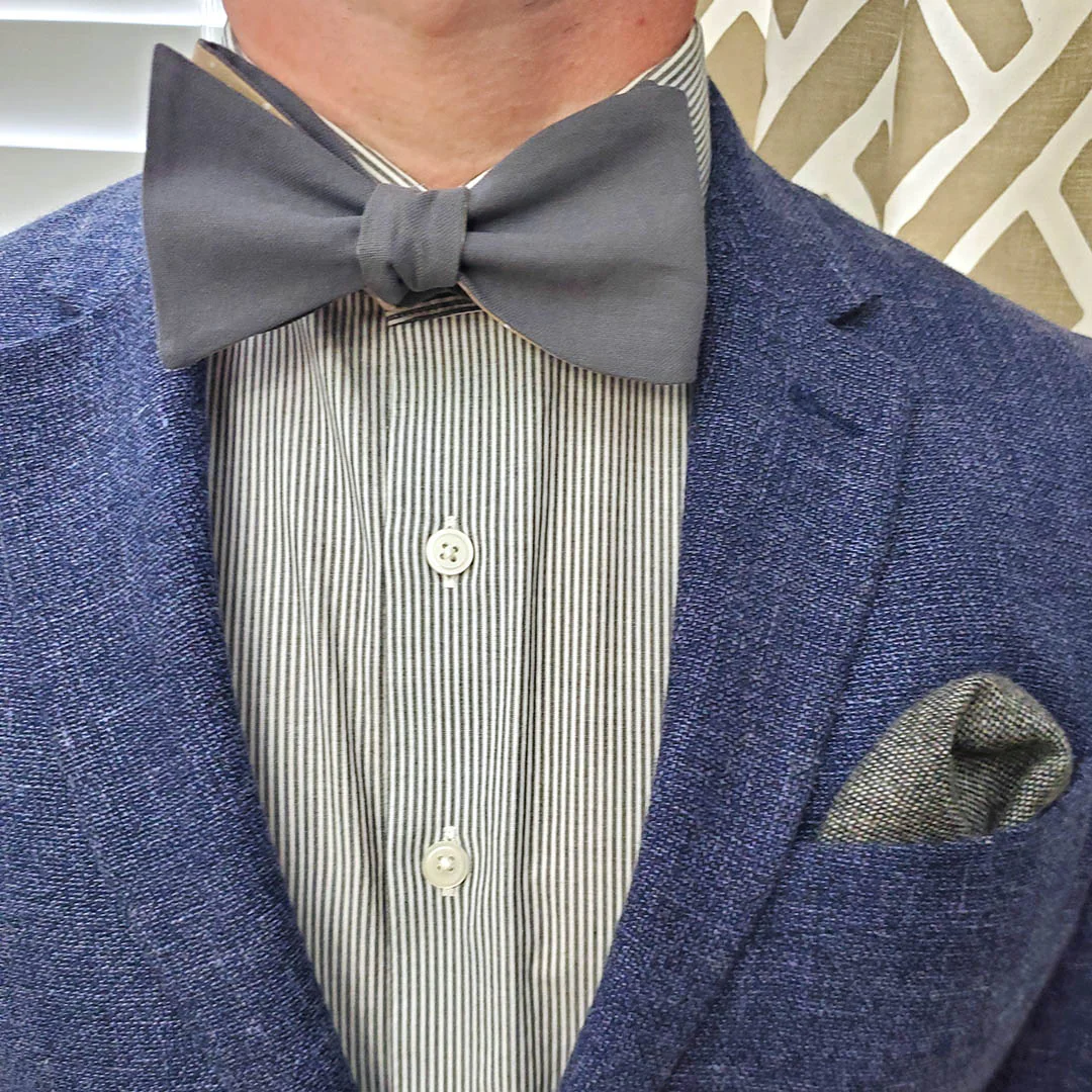Polka Dot Grey Linen Self Tie Bow Tie