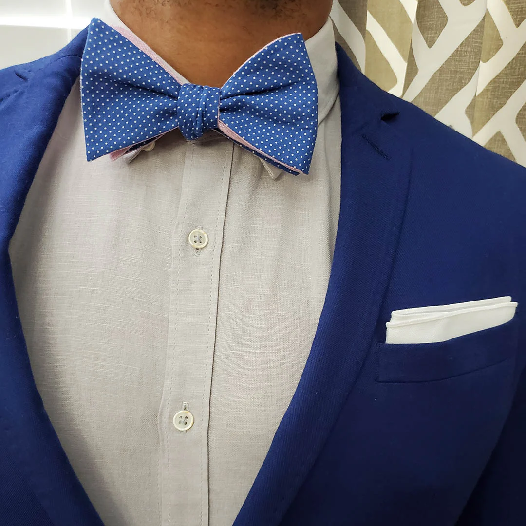 Polka Dot Blue Linen Self Tie Bow Tie