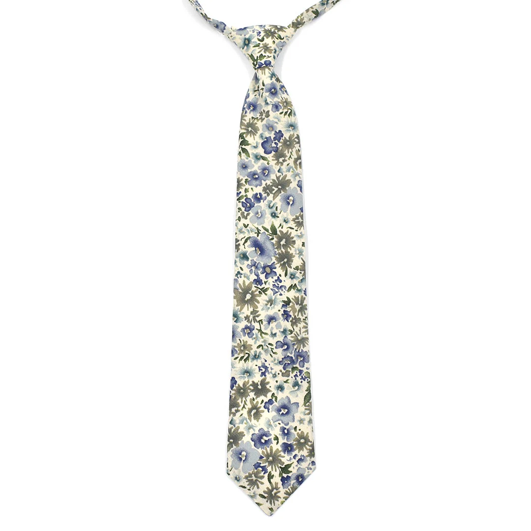Kids Floral Blue Cream Pre Tied Tie