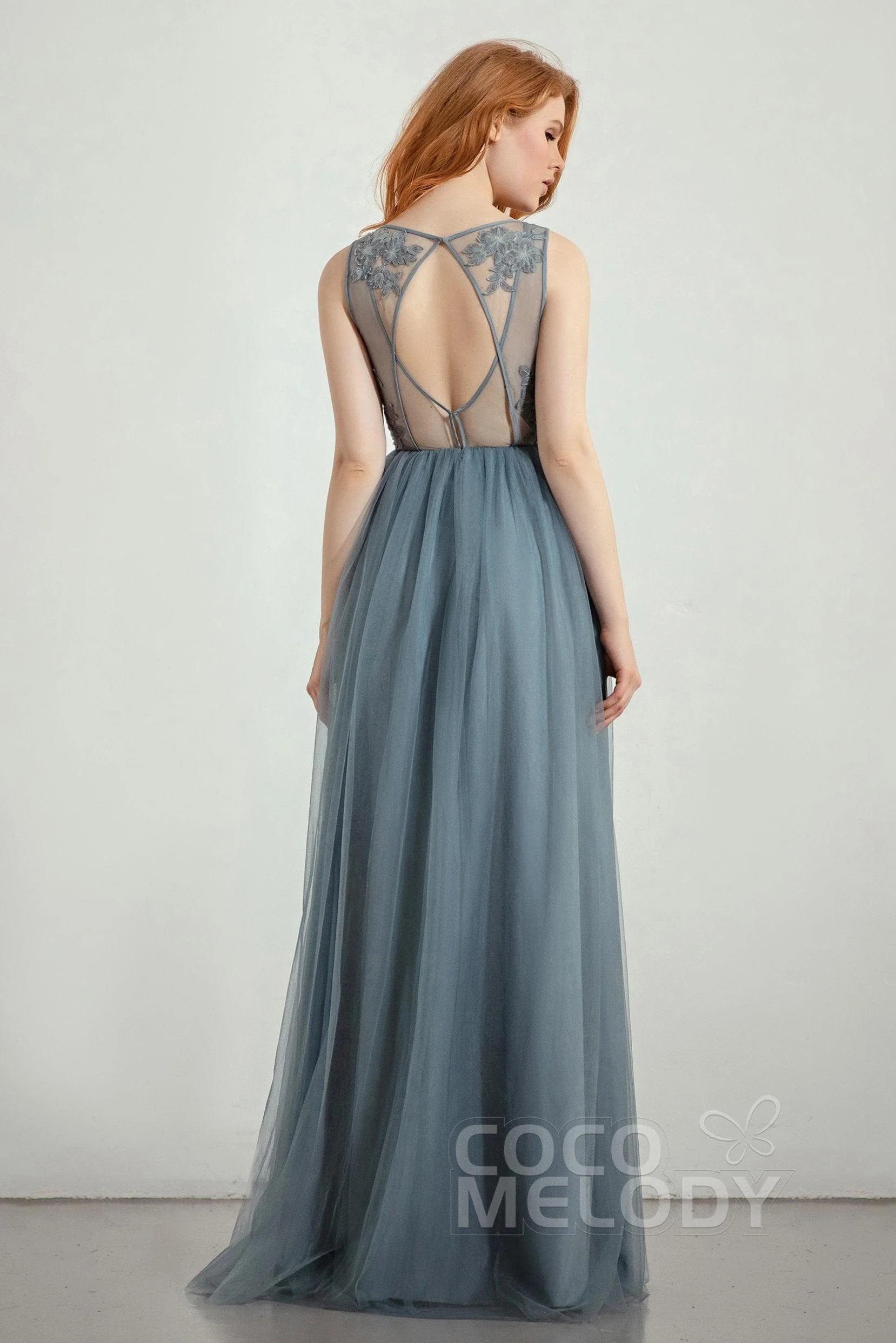 A-Line Floor Length Tulle Lace Bridesmaid Dress CB0436