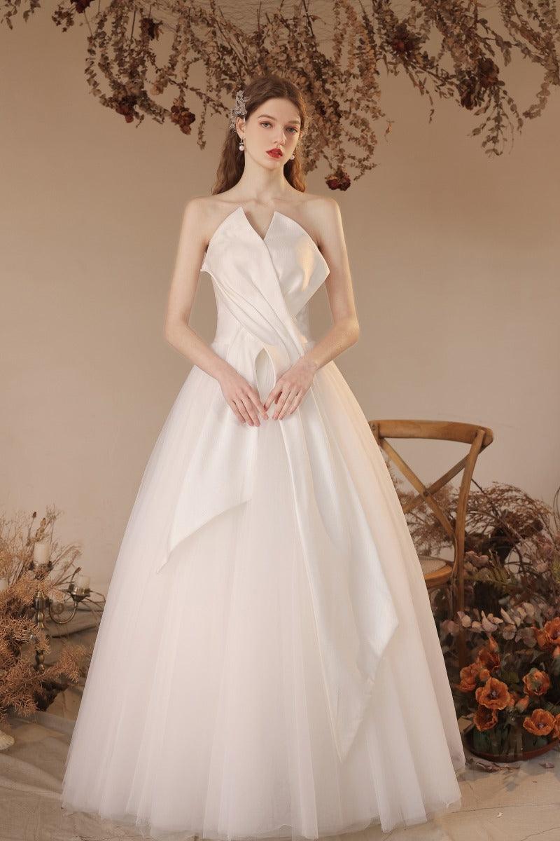 A-Line Floor Length Satin Tulle Wedding Dress 770225824782