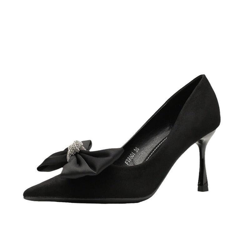Black Suede Bowknot Pointy Stiletto Heels 746813568399