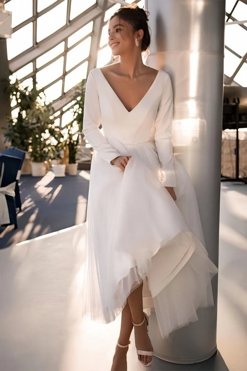 Long Sleeve Beaded Ankle-Length Little White Dress CW3389