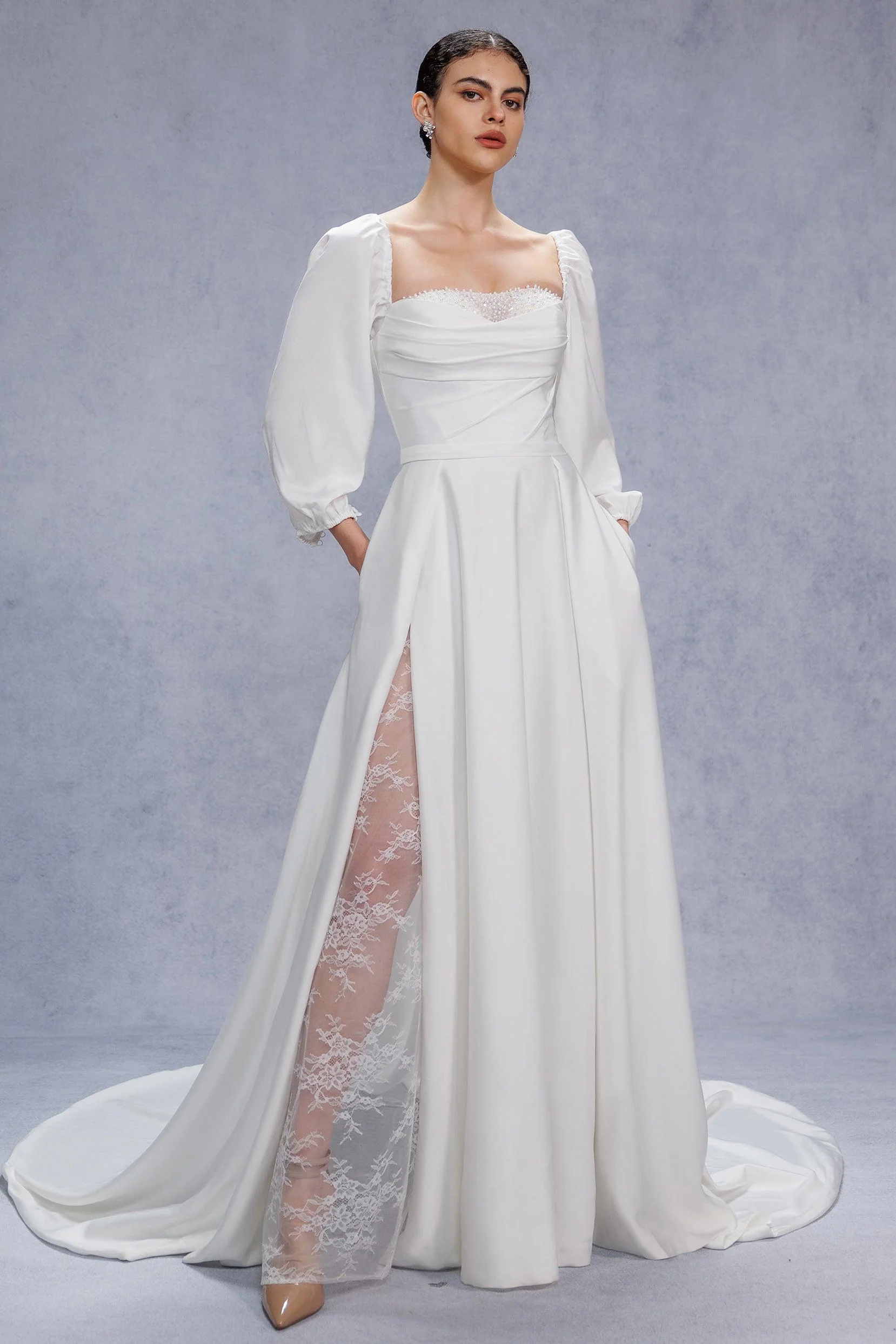 A-Line Court Train Satin Wedding Dress CW3329