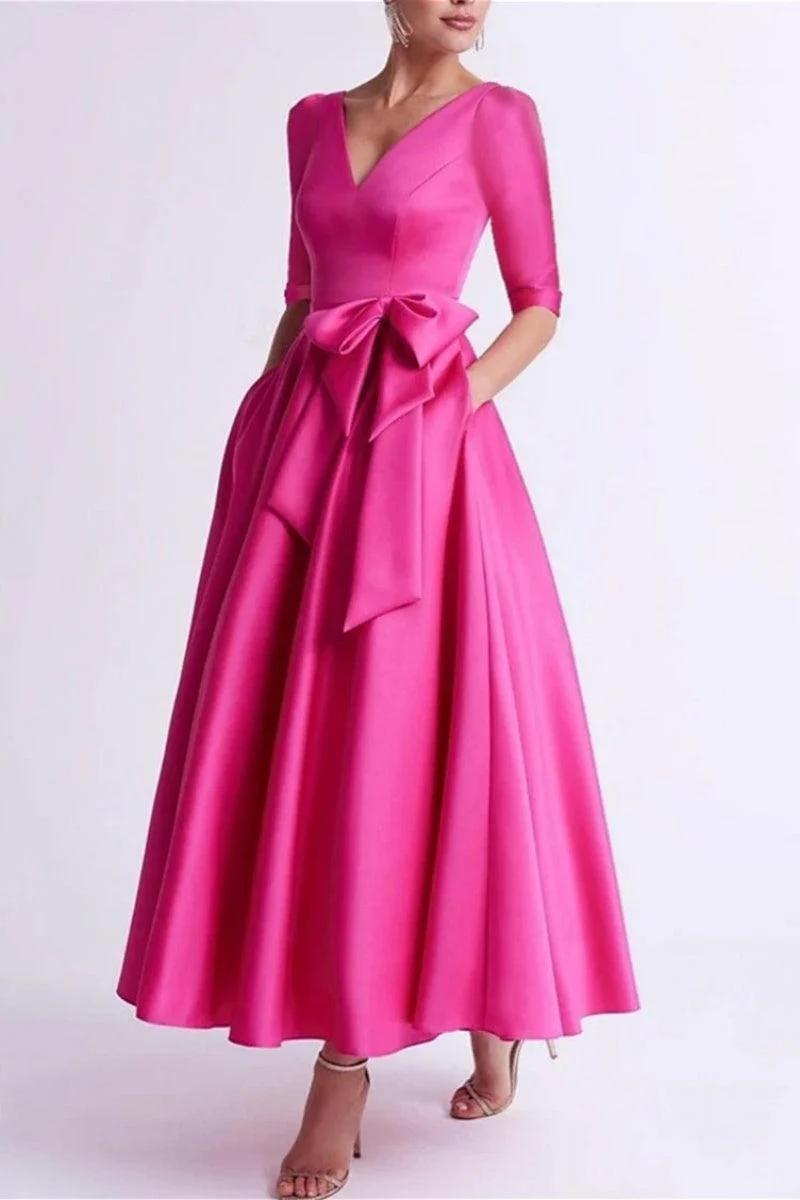 A Line V Neck 3/4 Length Sleeve Tea Length Satin Mother Dresses CM0344