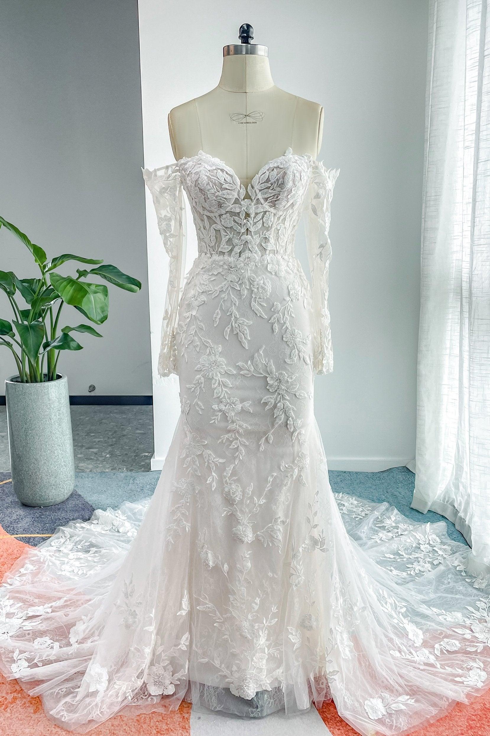 Trumpet-Mermaid Chapel Train Lace Tulle Wedding Dress CW3135CR