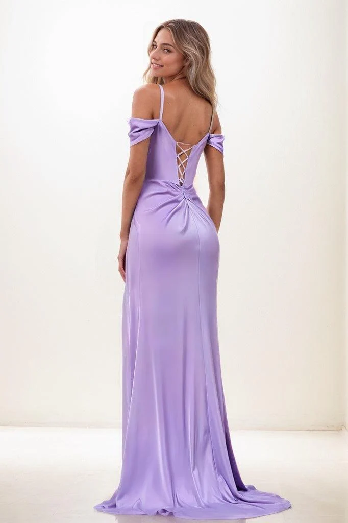 Sweetheart Cold Shoulder High Split Sweep Train Satin Prom Dresses CS0848