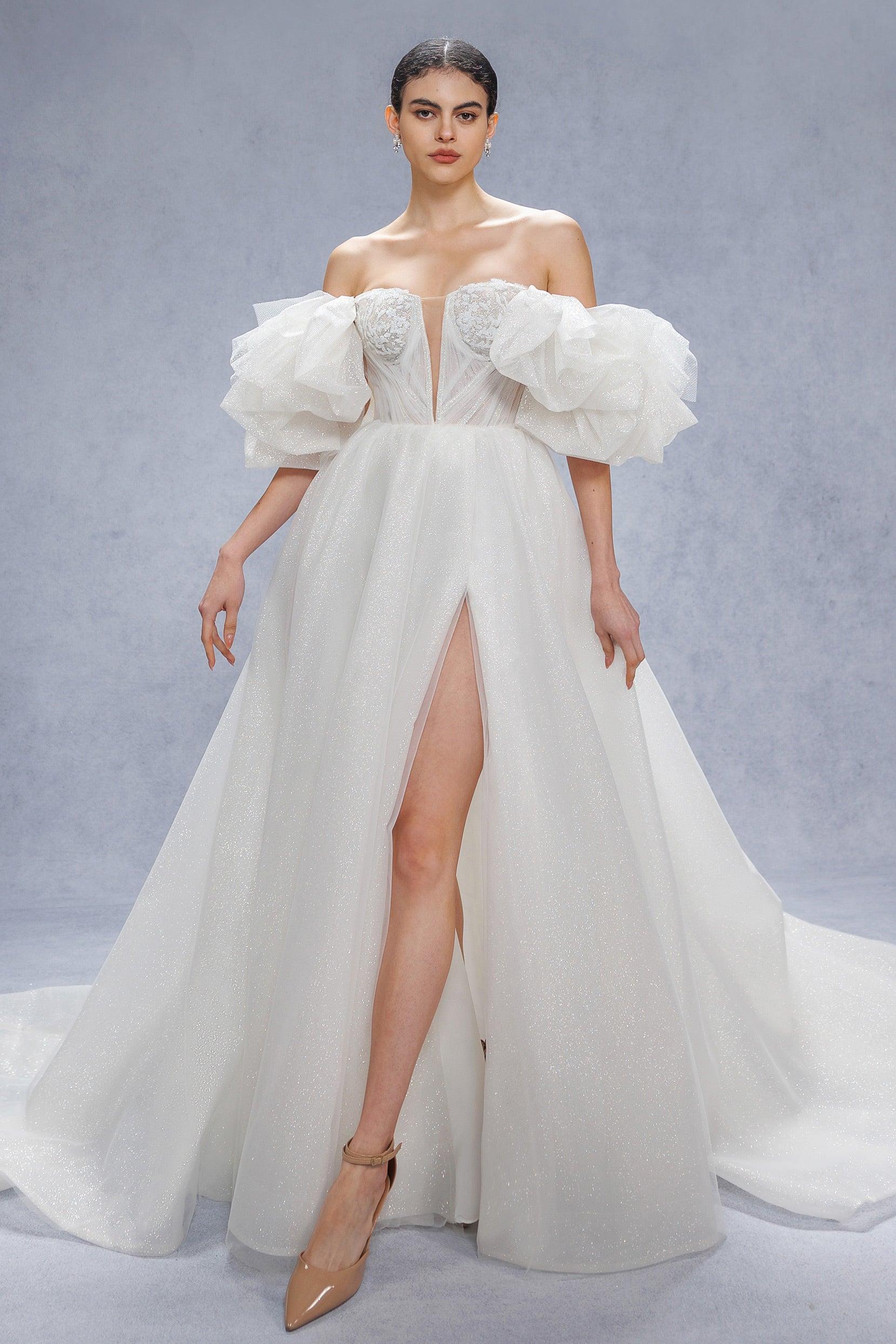 A-Line Court Train Glitter Wedding Dress CW3342
