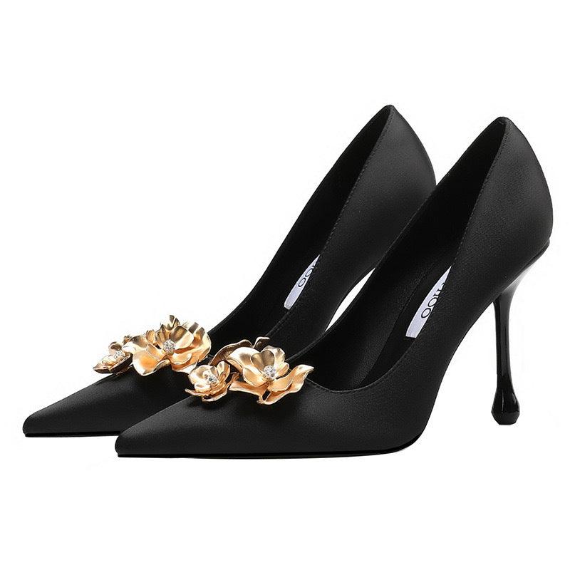 3D Flowers black Satin Pointy Stiletto Heels 769556407493