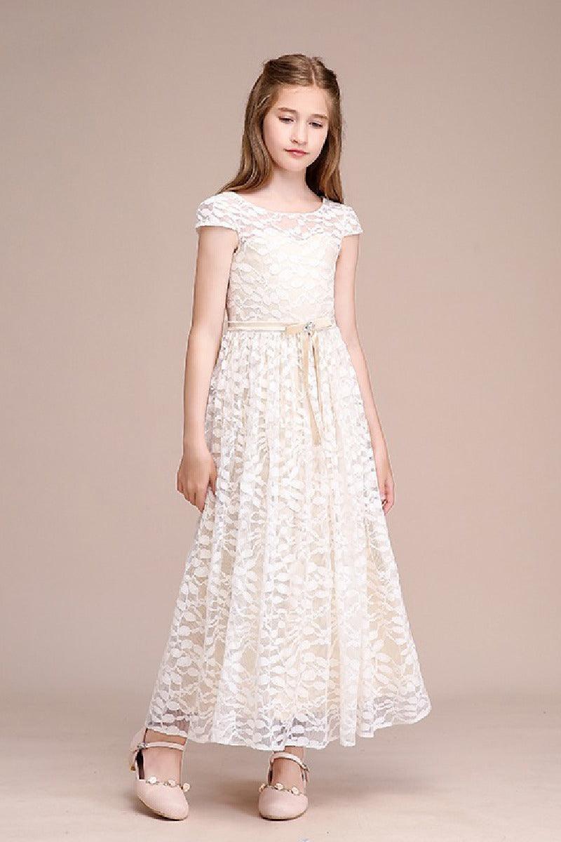 A-Line Scoop Neck Cap Sleeve Midi Lace Flower Girl Dresses 728805443986