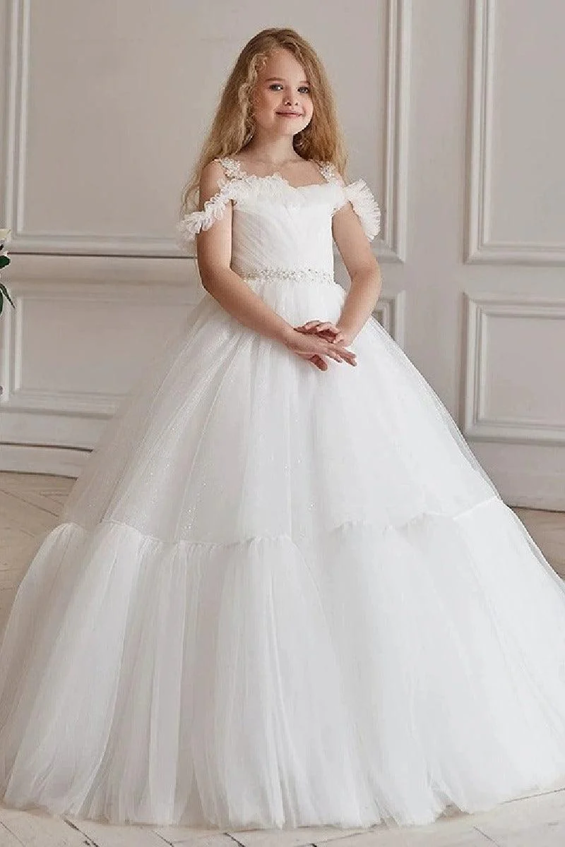 A-Line Off The Shoulder Neck Tulle Maxi Flower Girl Dresses 736522892717