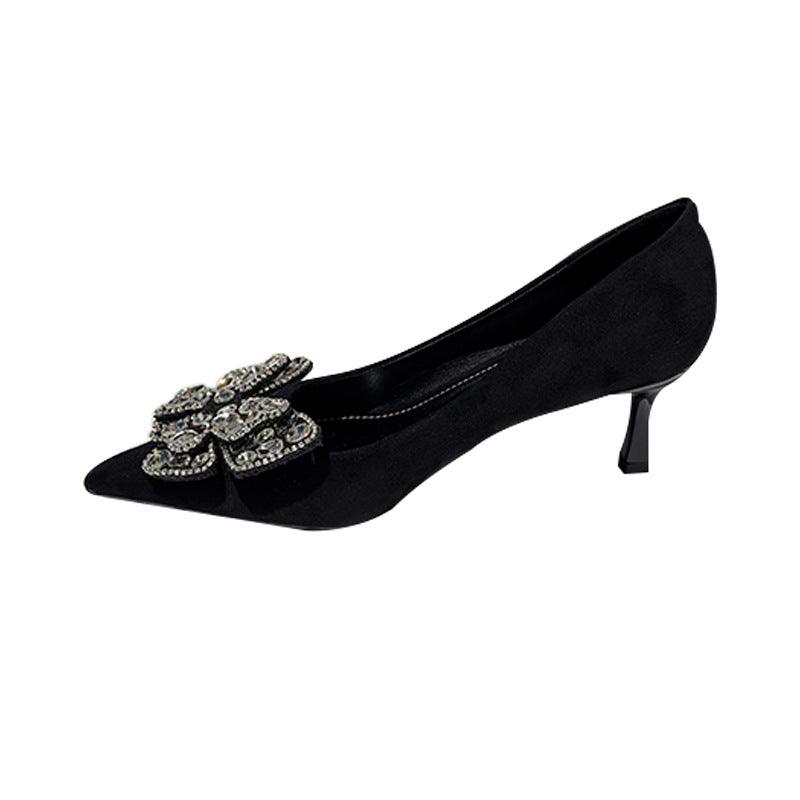 Black Suede Rhinestone Bowknot Pointy Stiletto Heels 770222542136