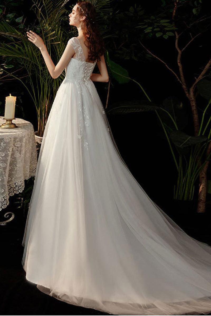 A-Line Sweep-Brush Train Lace Tulle Wedding Dress 639357461992