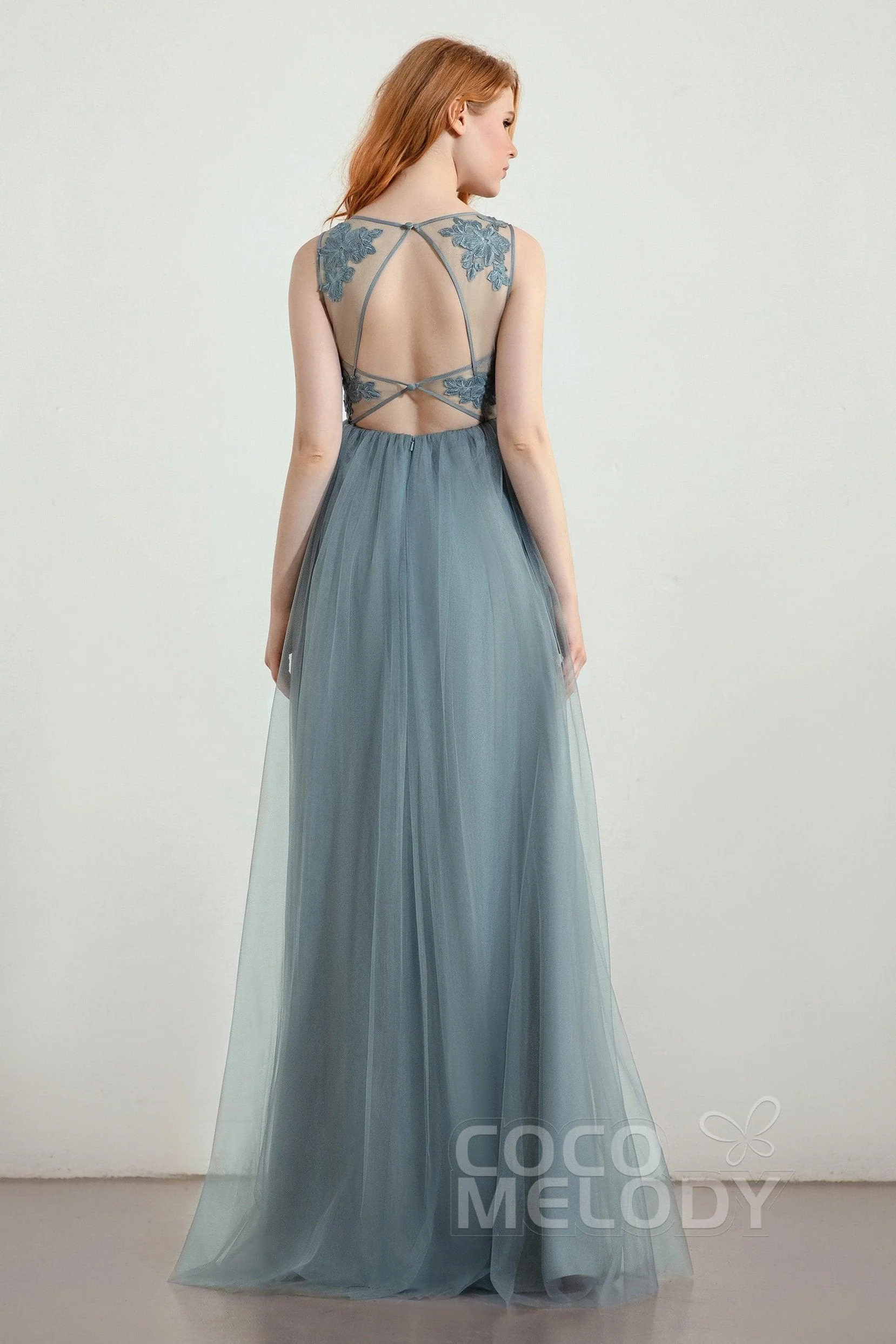 A-Line Floor Length Tulle Lace Bridesmaid Dress CB0438