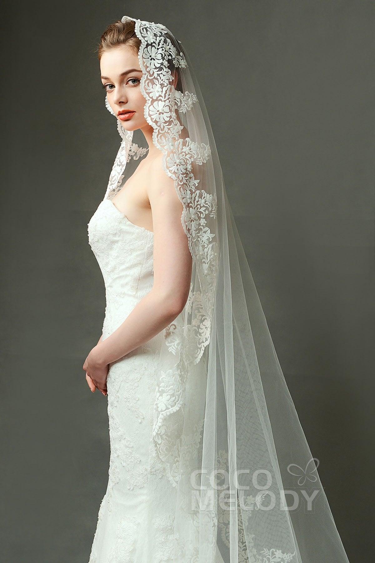 One-tier Lace Edge Tulle Chapel Veils Appliques AV160027
