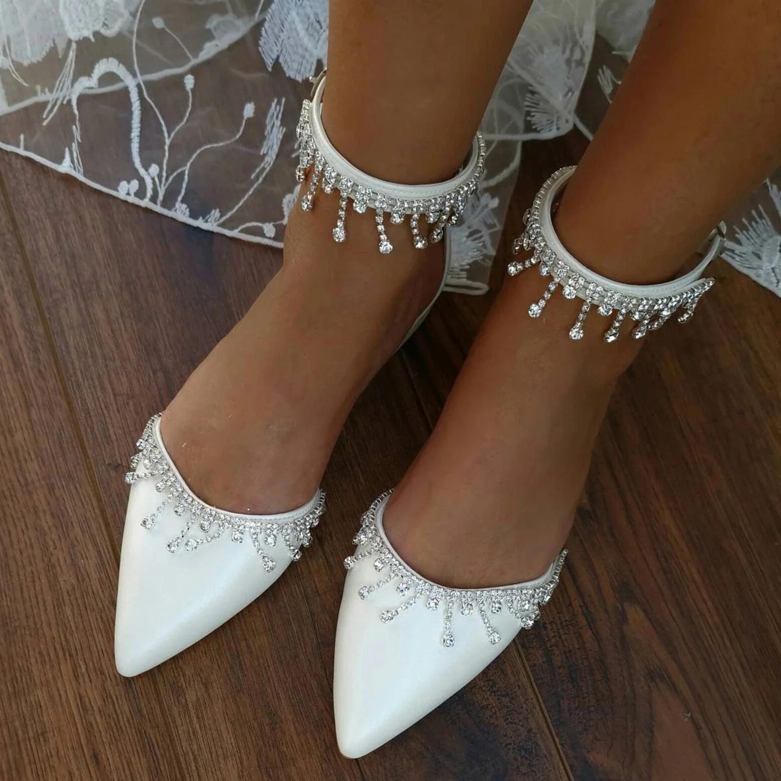 White Crystal Ankle Strap Pointy Flat Shoes 708270132734