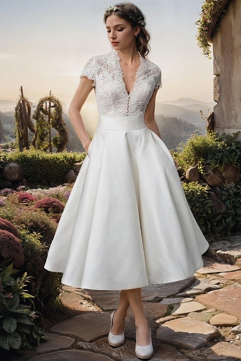 Appliqué Lace Satin Ankle-Length Little White Dress CW3377