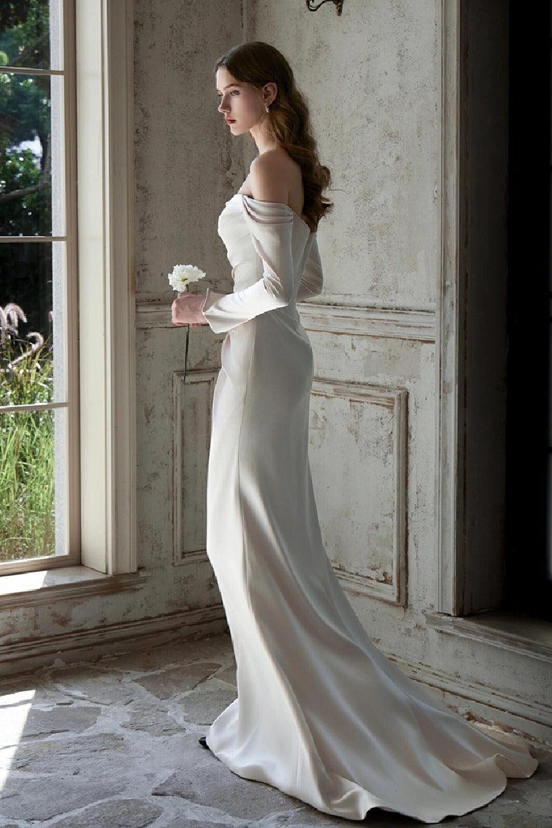 Sheath-Column Sweep-Brush Train Satin Wedding Dress 851237427674