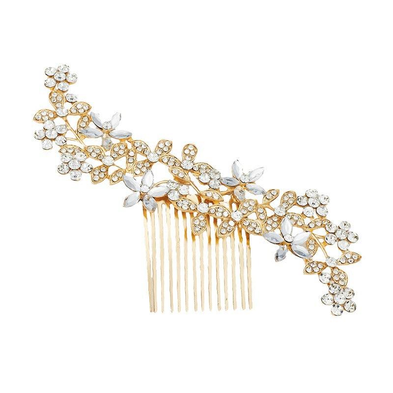 Leaf Hair Comb Alloy Five Petals Flower Rhinestone Accessories 742866021338