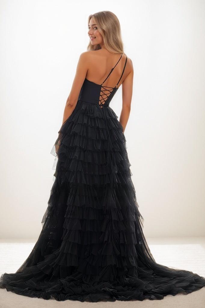 One-Shoulder Tulle Tiered Skirt High Split Prom Dresses CS0790