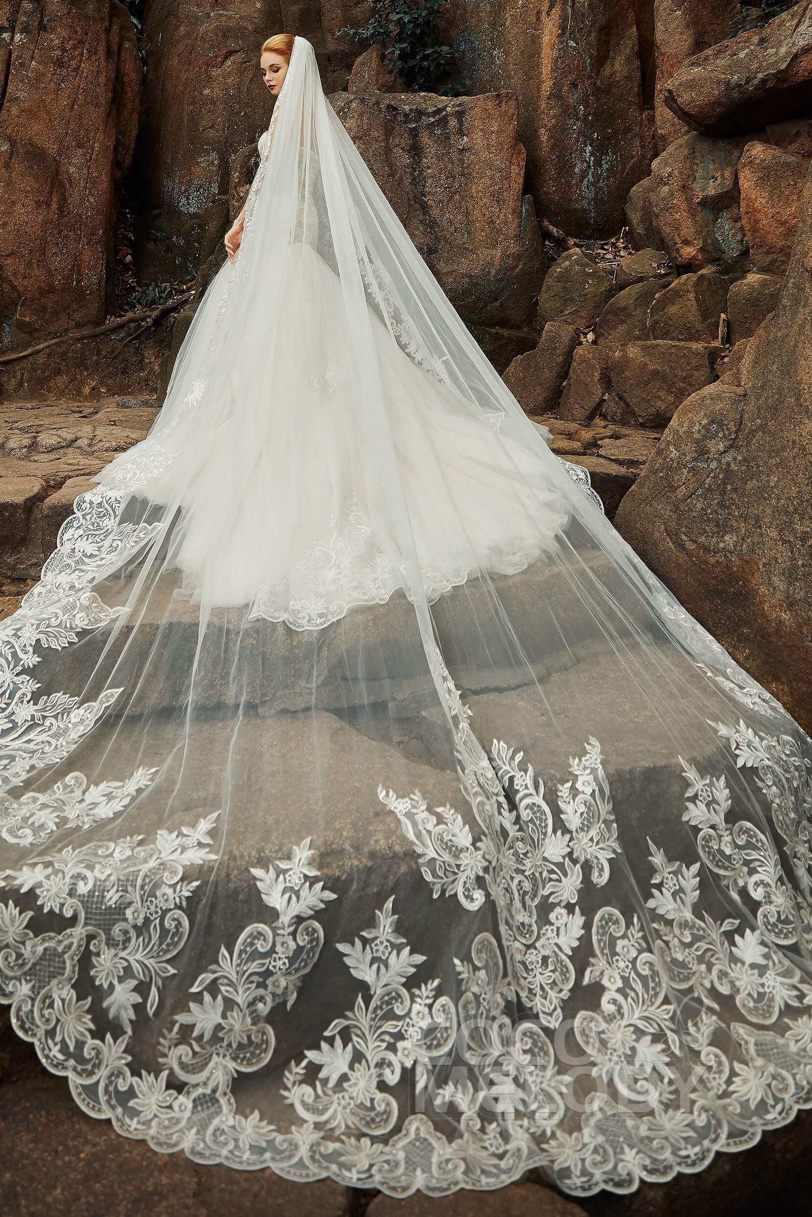 One-tier Lace Tulle Cathedral Veils Appliques Beading CV0190