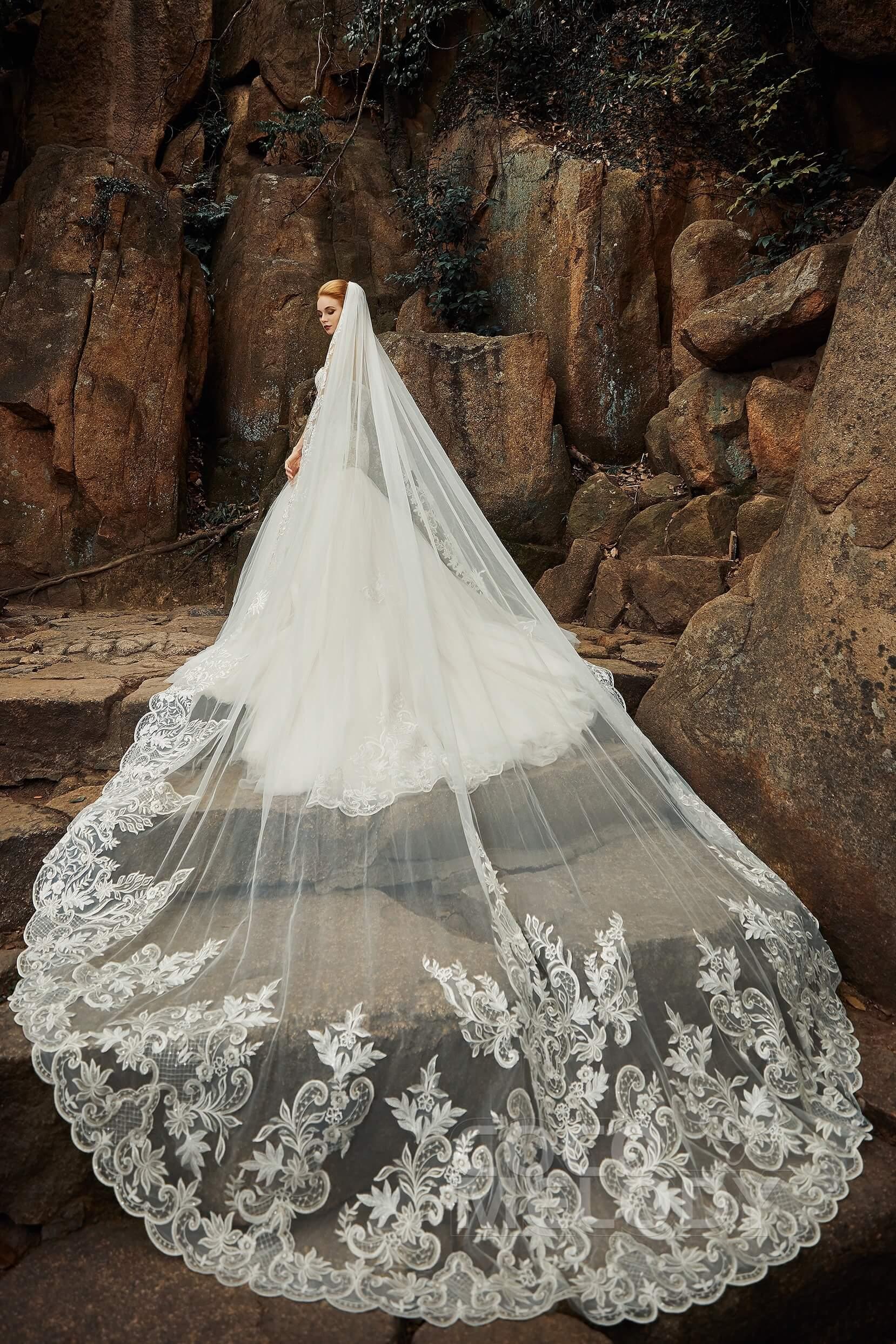 One-tier Lace Tulle Cathedral Veils Appliques Beading CV0190