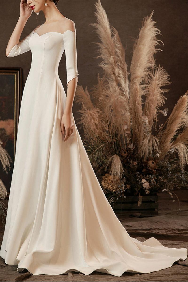A-Line Sweep-Brush Train Satin Wedding Dress 654904974053
