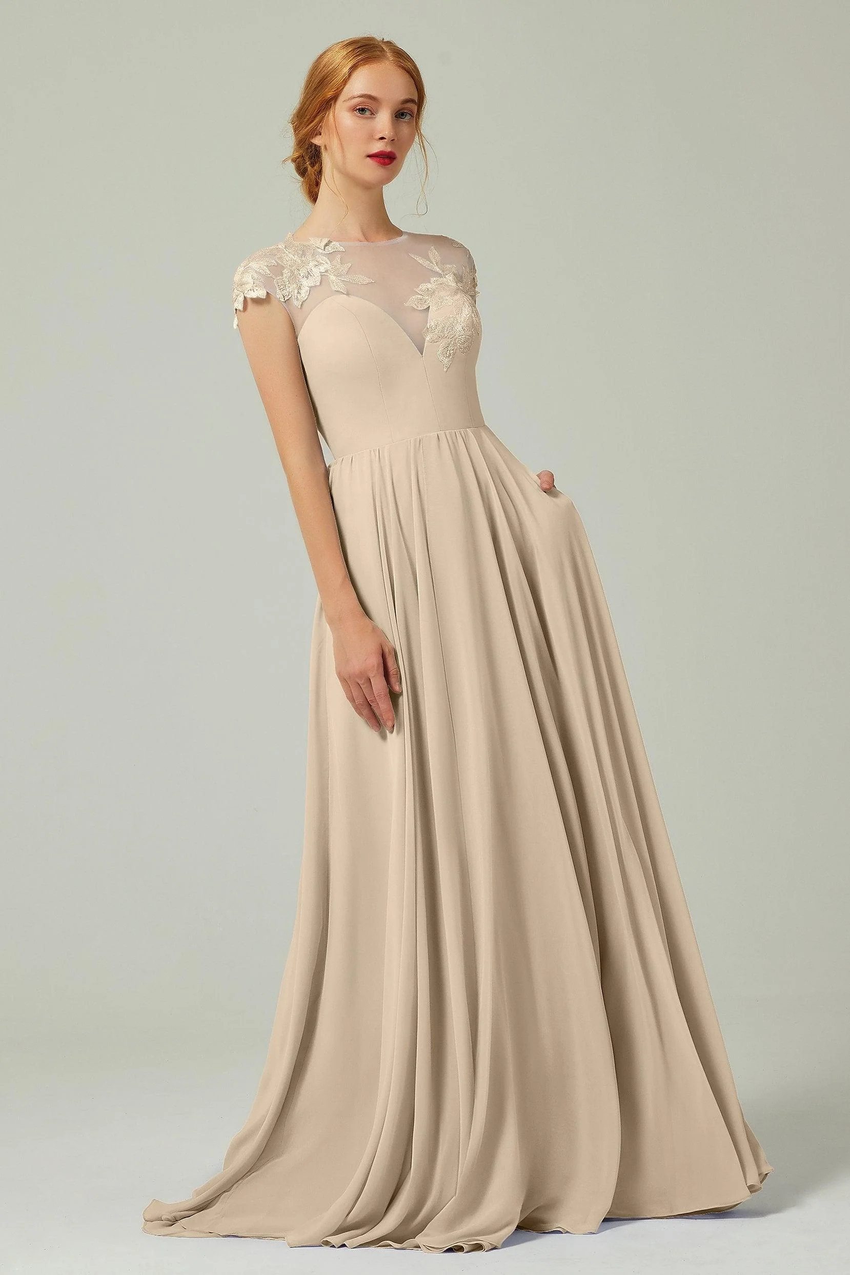 A-Line Sweep-Brush-Train Chiffon Bridesmaid Dress CB0248CR
