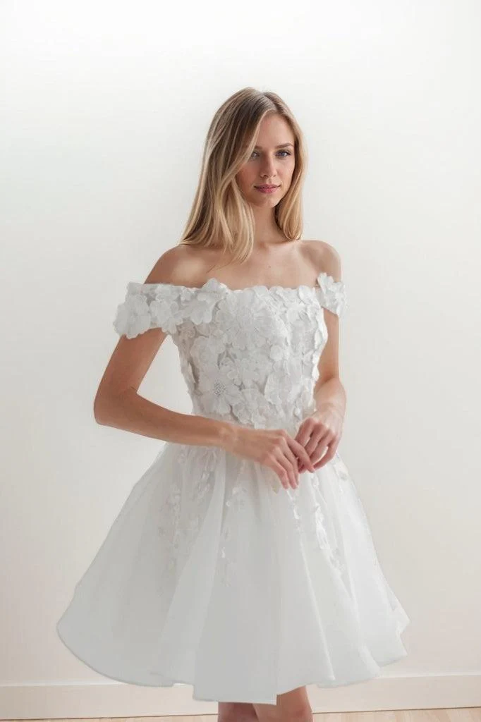 A-Line Short-Mini Flower Lace Organza Wedding Dress CW3409
