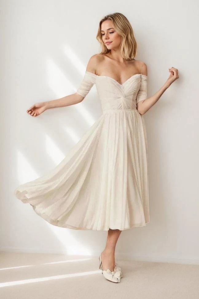 A-Line Tea Length Lace Chiffon Wedding Dress CW3431