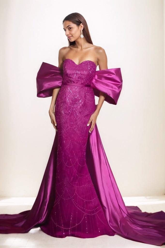 Off-The-Shoulder Sweep Train Satin/Lace Prom Dresses CS0799