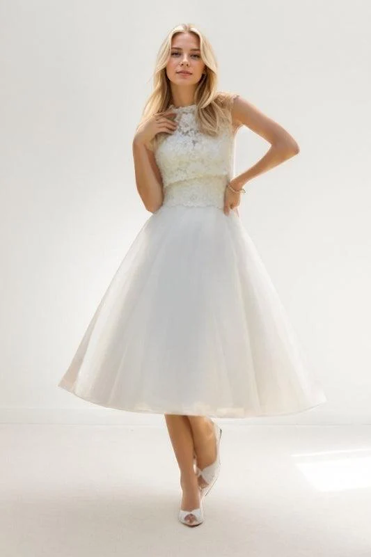 A-Line Tea Length Lace Tulle Wedding Dress CW3429