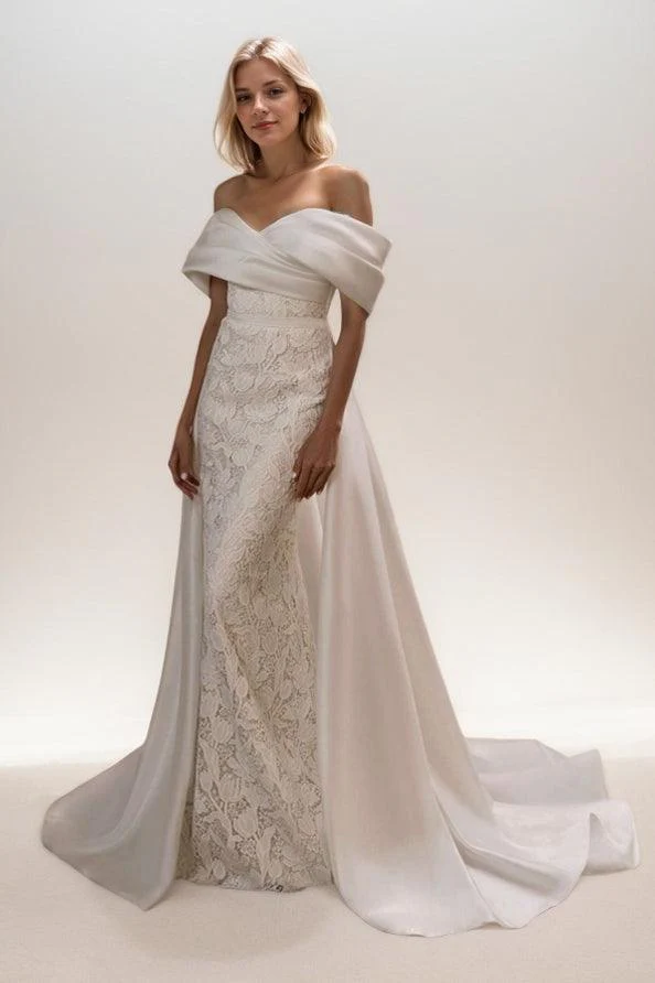 A-Line Sweep-Brush Train Lace Satin Wedding Dress CW3468