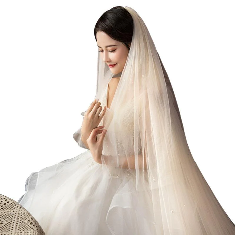 Trailing Pearl Yarn Double-Layer Covered Face Veil 606087692939