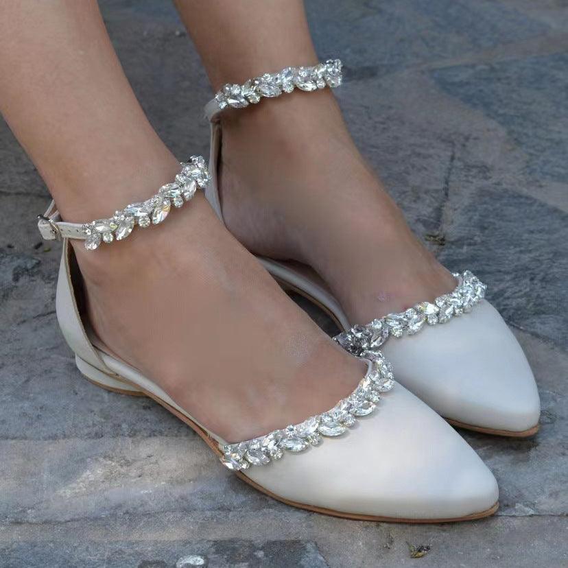 Rhinestone Ankle Strap Pointy Flat Shoes 728300420906