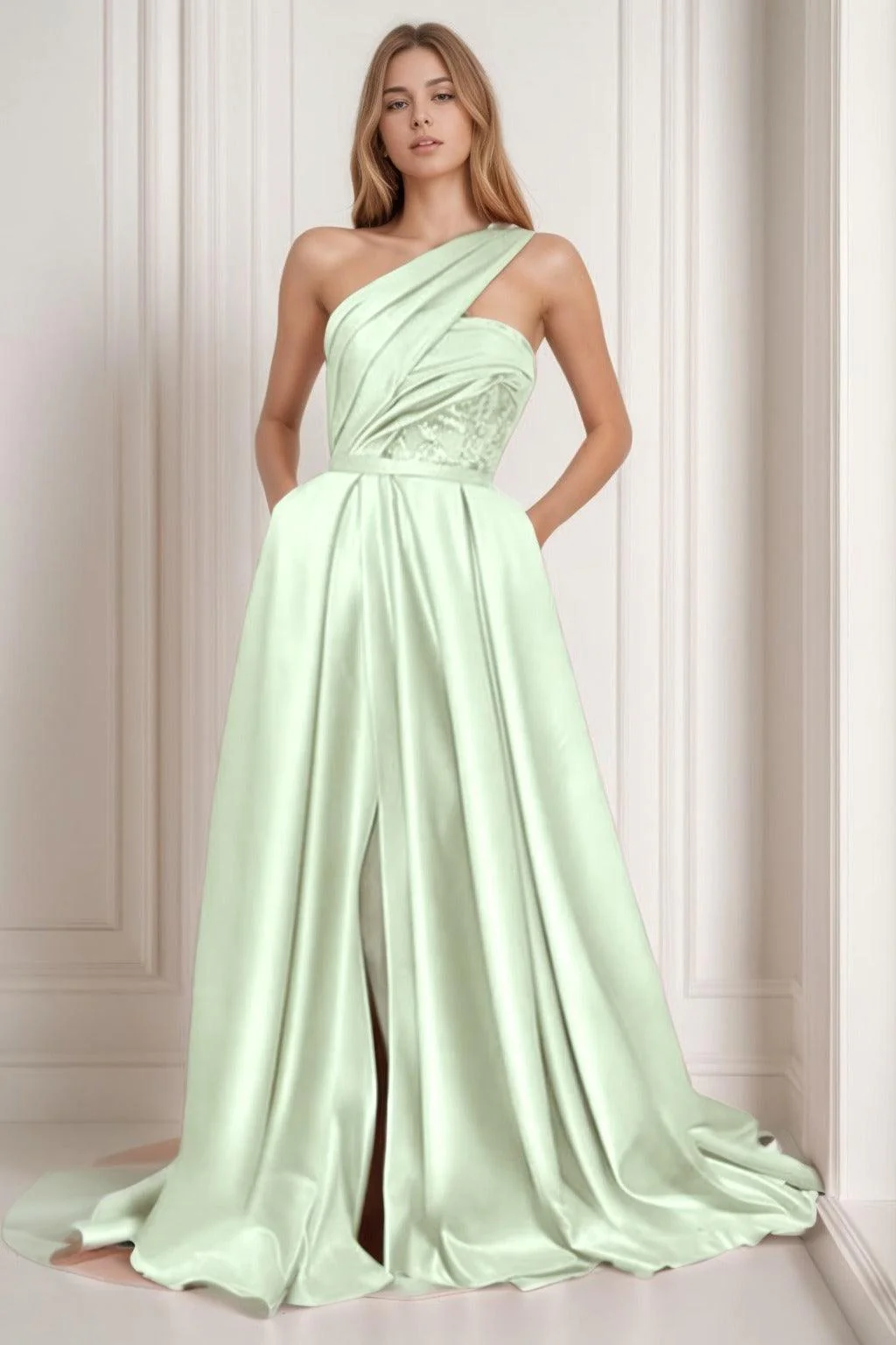 A-Line Sweep-Brush Train Satin Prom Dress CS0429