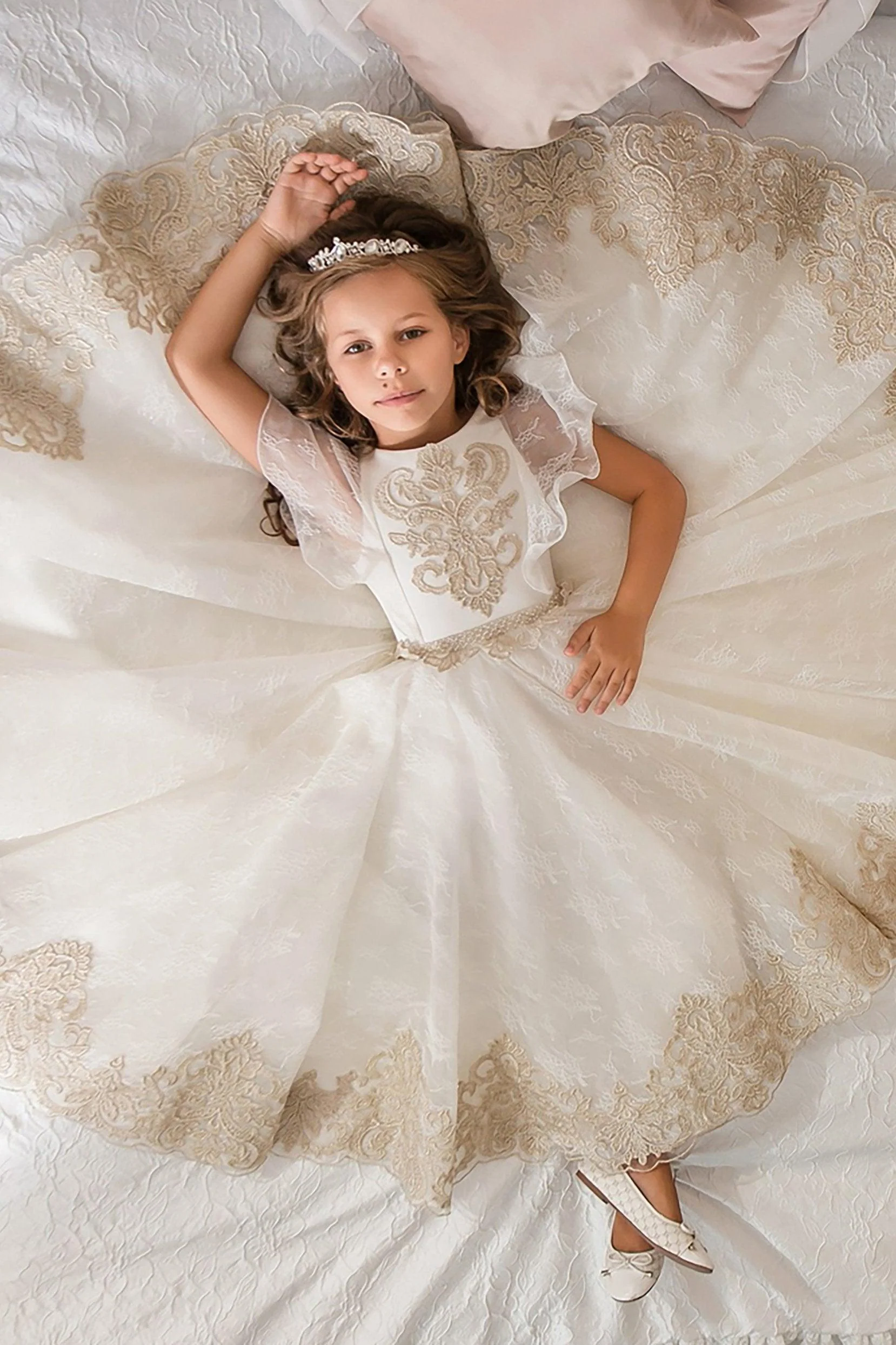 A-Line Floor Length Satin Lace Flower Girl Dress CF0338
