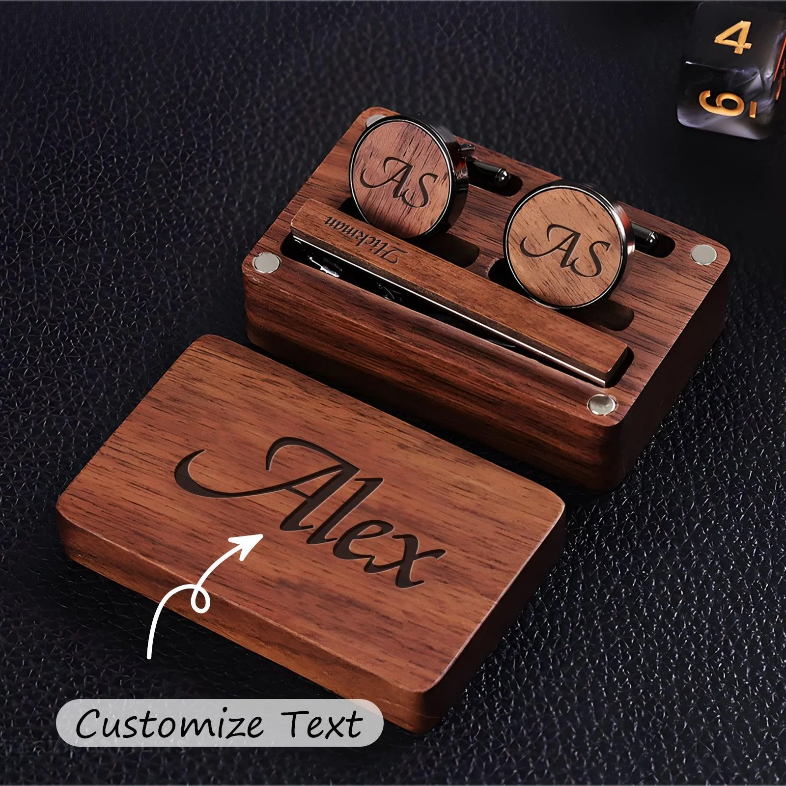 Personalized carved cufflink collar clip wooden box 807438879406