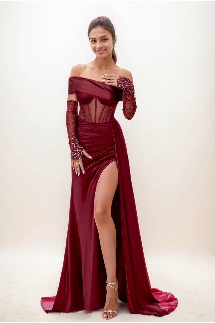 Asymmetrical Neckline Sleeves Sweep Train Prom Dresses CS0804