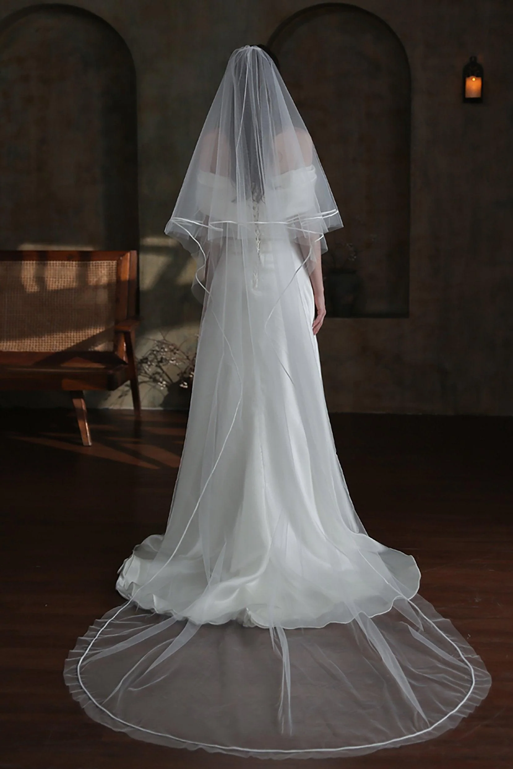 Two-tier Satin Edge Tulle Chapel Veils with Ribbons CV0319