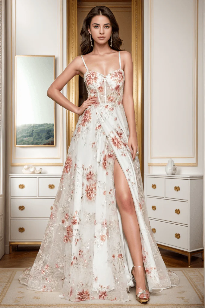 A-Line Sweep-Brush Train Print Prom Dress CS0469