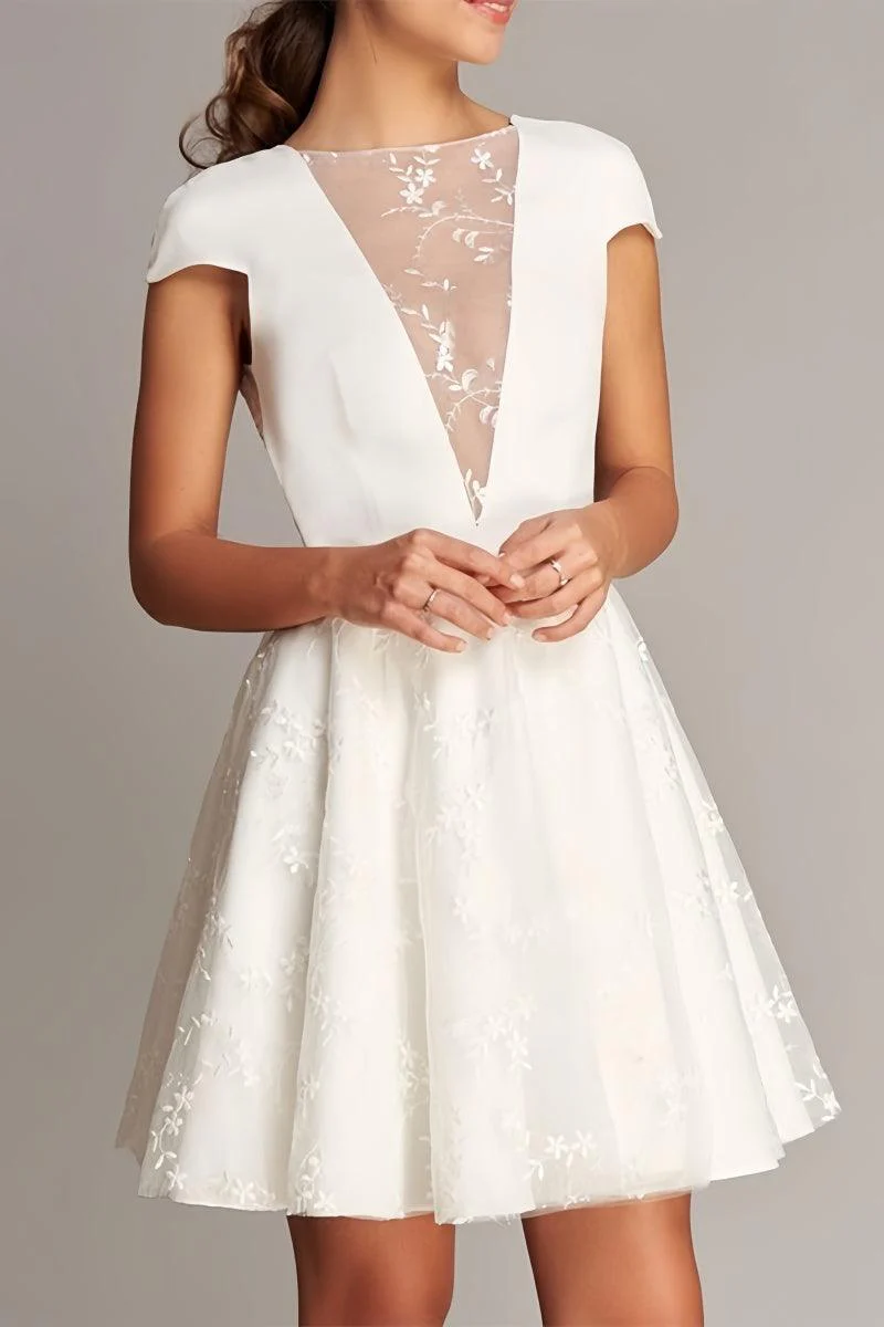 Knee-Length Wedding Dress with V-Neck Lace Appliques CW3376