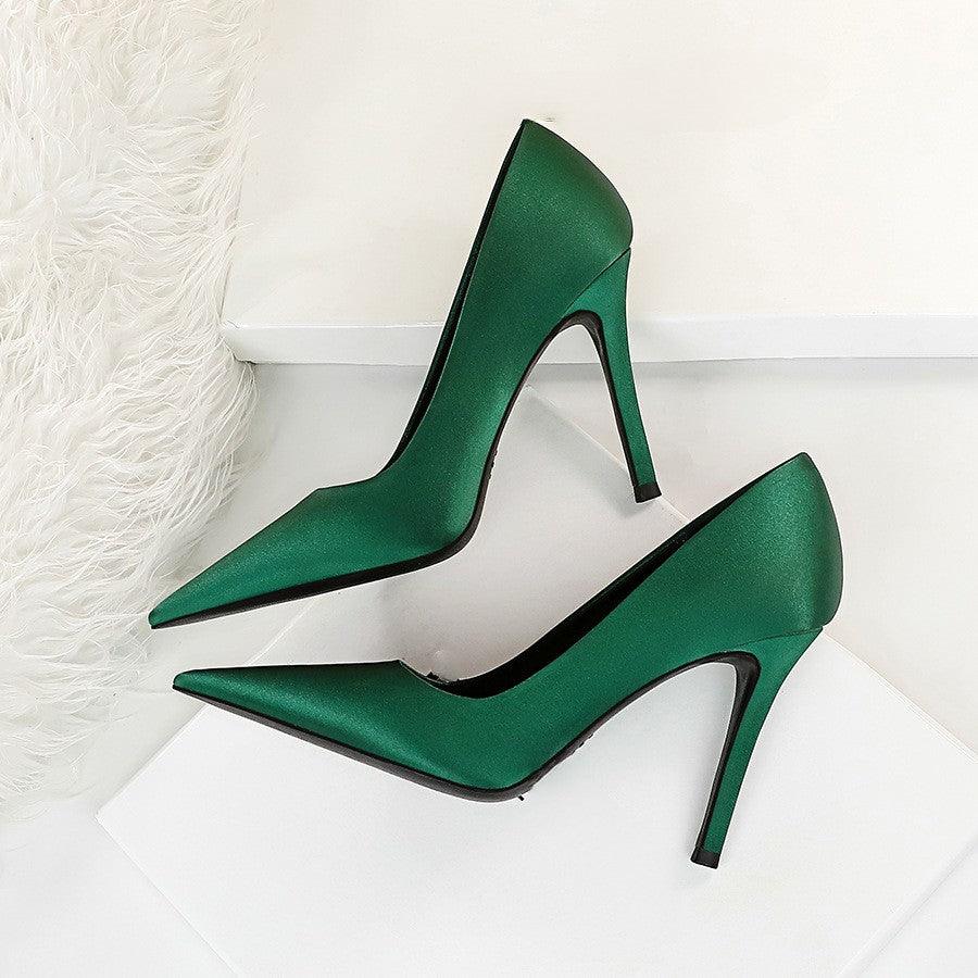 Green Satin Pointy Stiletto Heels 664584349468