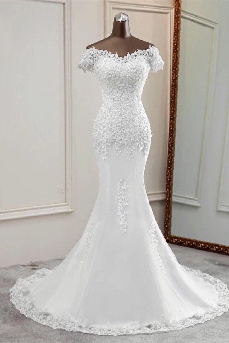 Trumpet-Mermaid Sweep-Brush Train Lace Tulle Wedding Dress 670594800287